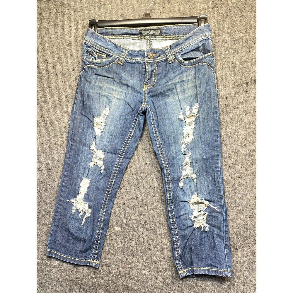YMI Women's Distressed Capri Jeans Ripped Stretch Denim Blue Size 3